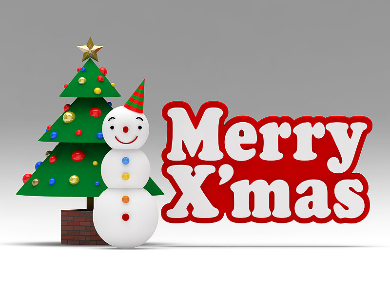 クリスマス雪だるまとツリーイラスト メリークリスマスの文字と雪だるまとクリスマスツリーのクリスマス