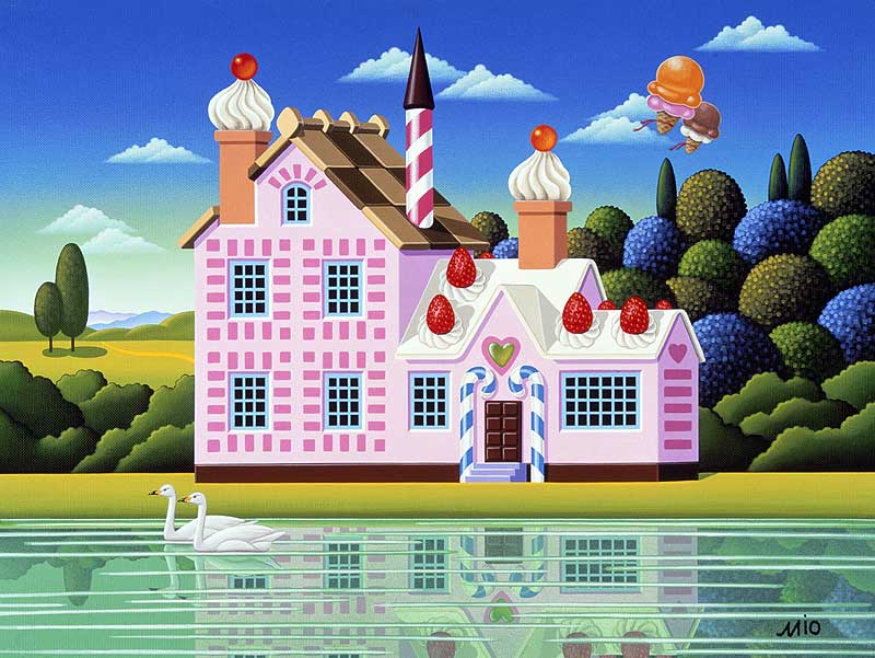 風景イラスト お菓子の家と湖に浮かぶ白鳥
