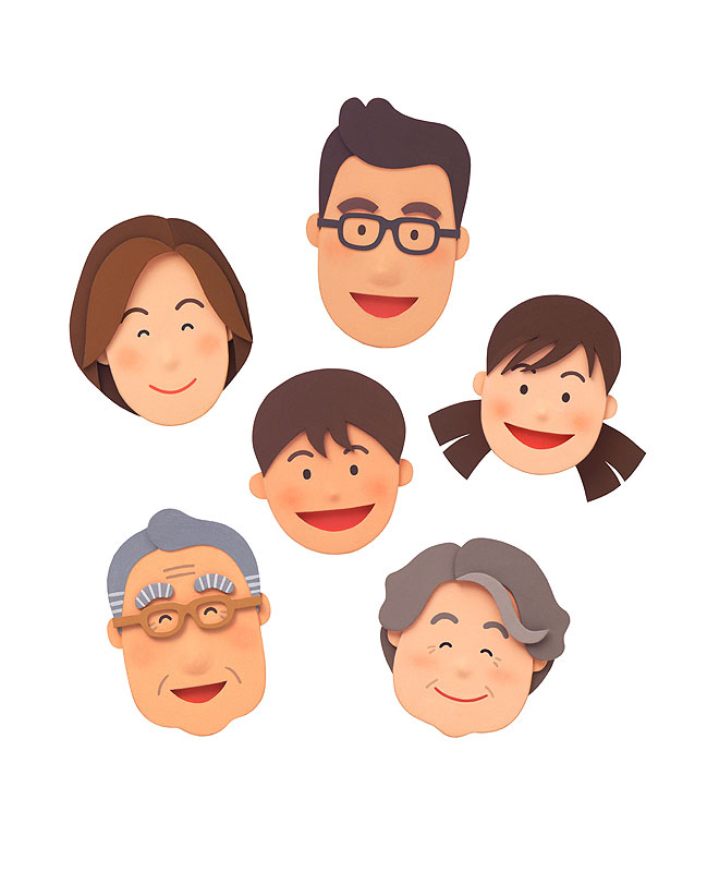 ファミリーイラスト 元気な笑顔の３世代家族６人顔