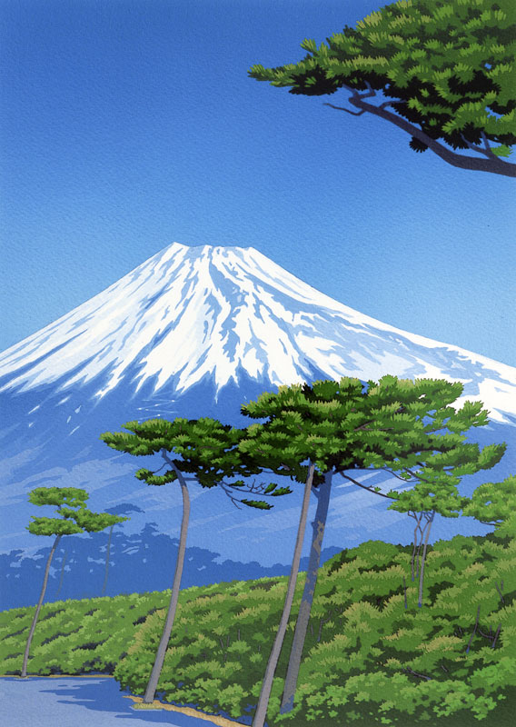 風景イラスト 富士山と松並木