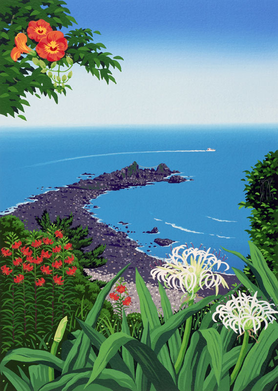 風景イラスト 海と岩場とハマユウ