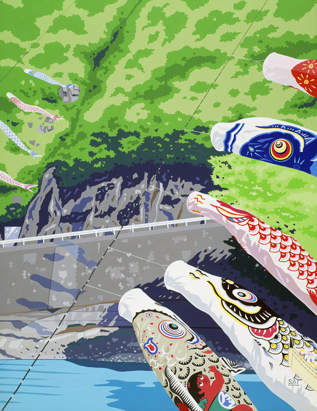 子供の日　鯉のぼりの川渡し手描きイラスト