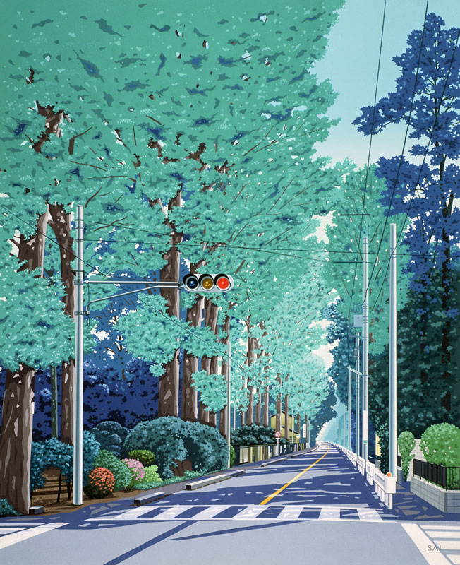 風景イラスト ケヤキ並木と信号機