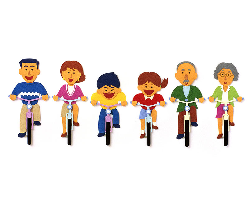 正面向きママチャリ自転車に乗る家族のイラスト