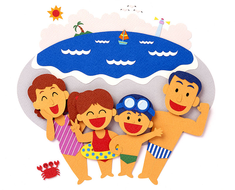 ファミリー レジャーイラスト 海辺のビーチで海水浴を楽しむ家族