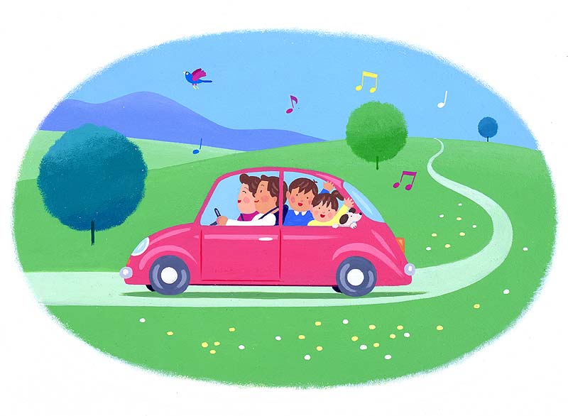 ファミリーイラスト ピンクの車で家族でドライブ