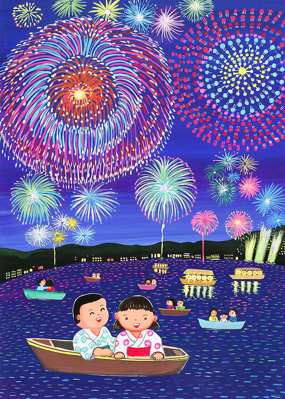 季節イラスト 夏祭り 花火をボートで眺めるカップル