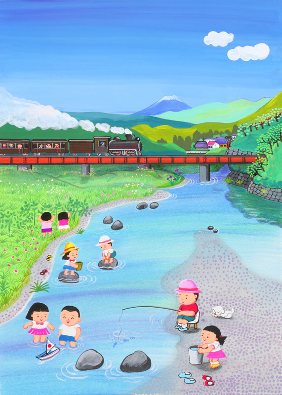 子供イラスト 列車の走る赤い鉄橋と川で魚釣りする子供