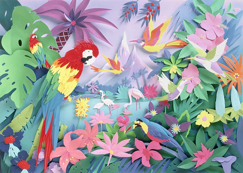 動物 植物イラスト オウムと鳥と花と植物のある風景