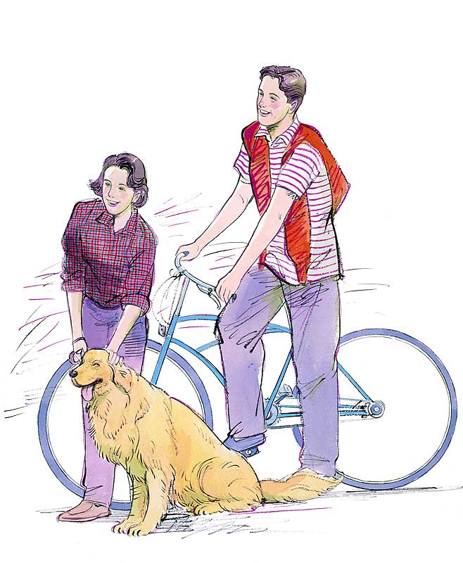 男女カップルイラスト 犬を散歩させる女性と自転車に乗る男性カップル