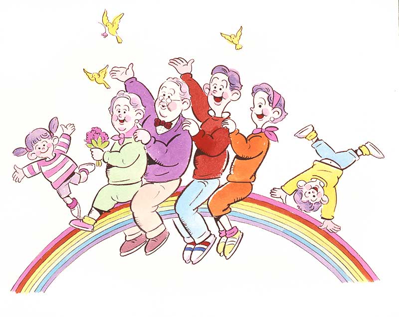 ファミリーイラスト 虹にまたがり手を広げる家族
