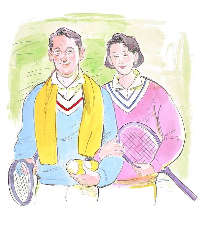 スポーツする夫婦イラスト　テニスラケットを持ち腕を組んでいる中年夫婦