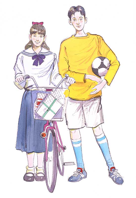 学生カップルイラスト セーラー服とサッカーユニホームを着て学校生活を楽しむ男女学生