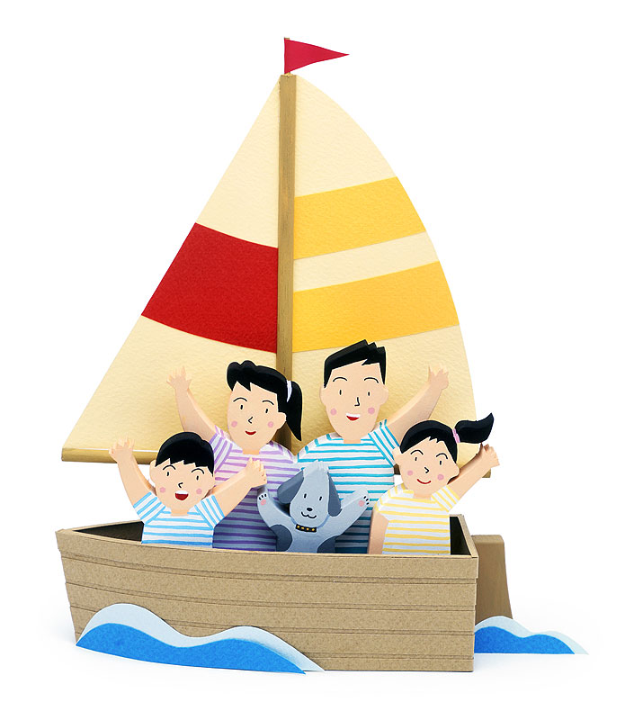 夏ヨットファミリーイラスト 夏の海ヨットで出かけるファミリー家族イラスト