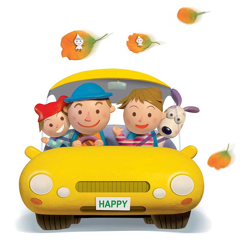 家族・ファミリーイラスト　立体　黄色い車に乗った家族