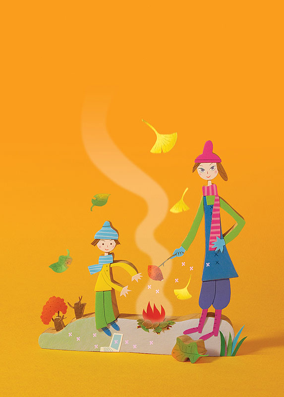 季節 四季イラスト 立体 11月 焚き火で焼き芋をする親子