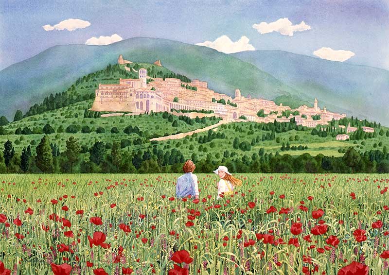 風景イラスト 花畑の中から白い街のある山を眺める男女