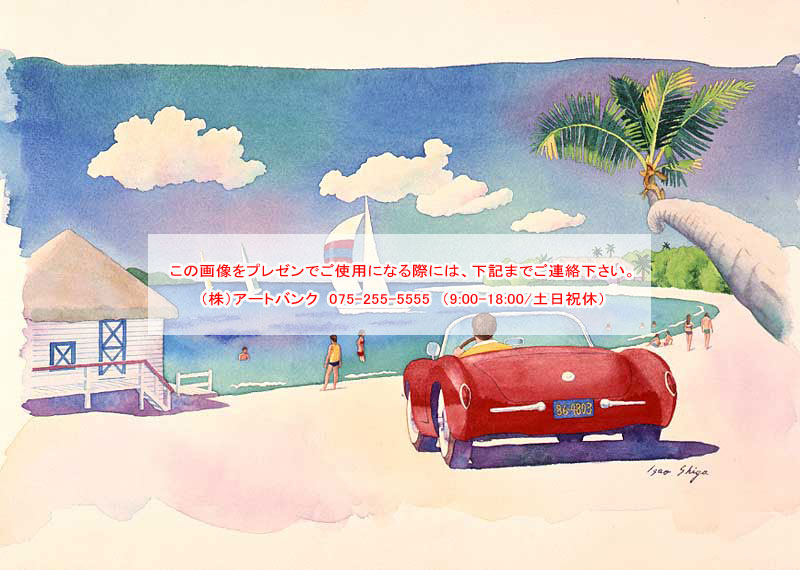 レジャーイラスト 青い海のビーチと赤いオープンカー