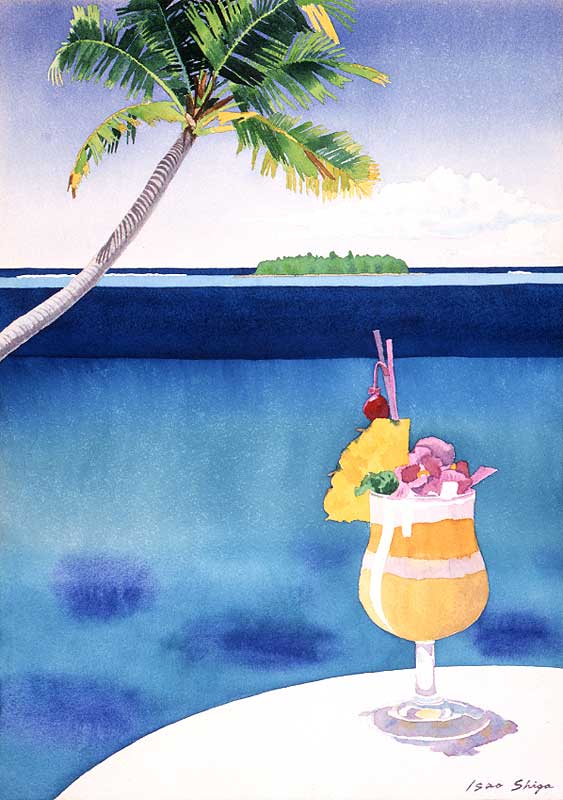 レジャーイラスト 青い海と椰子の木 トロピカルジュース