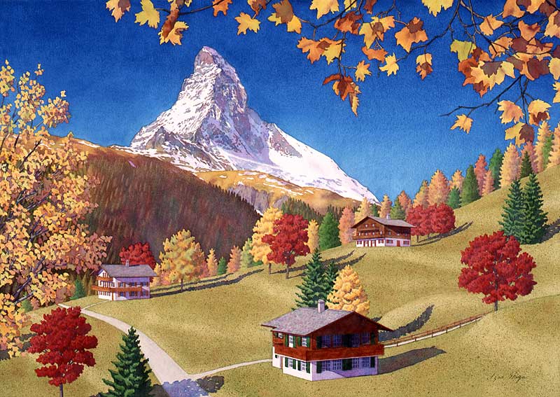 風景イラスト 秋晴れのもと紅葉した木と家