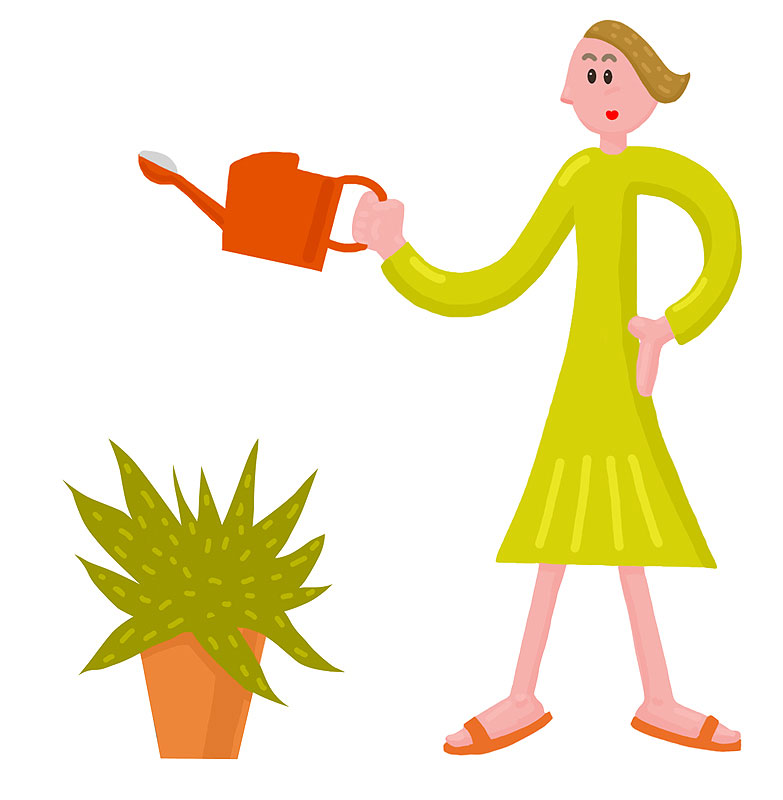 植物水やり育成イラスト 観葉植物に水やりをする女性の植物水やり育成イラスト