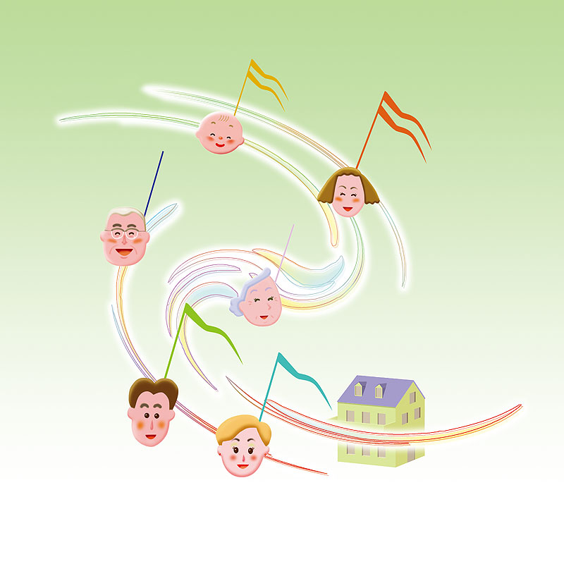 家と家族と音楽イラスト 音符になって飛ぶ家族の家と家族
