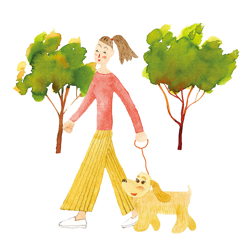 犬と公園散歩イラスト 犬と散歩する女性の公園散歩イラスト