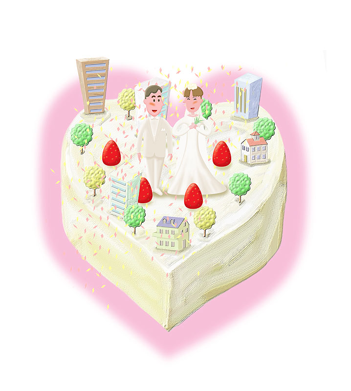 ウエディングケーキイラスト　ハートのウエディングケーキケーキ型の上で結婚式を挙げる新郎新婦
