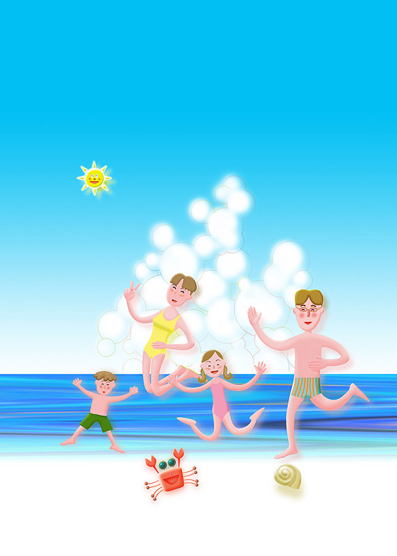 夏の家族旅行は海レジャーイラスト 海辺で遊ぶ4人家族の夏