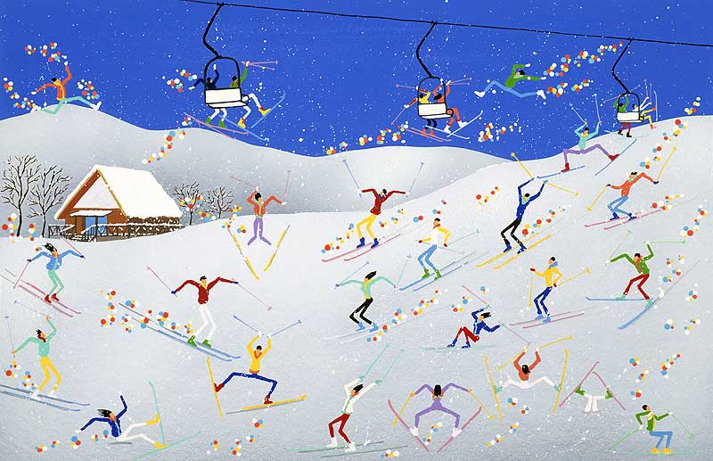 スポーツイラスト スキー場とリフト戯れるスキーヤー達