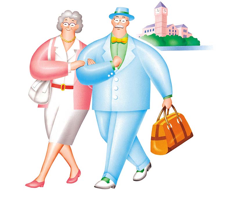 
熟年夫婦旅行イラスト：健康な高齢者シニア夫婦