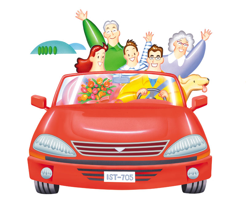 家族でドライブイラスト：正面向き赤い車でおでかけ
