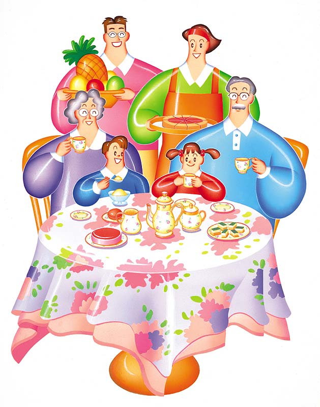 一家団欒テーブルを囲む３世代家族のイラスト