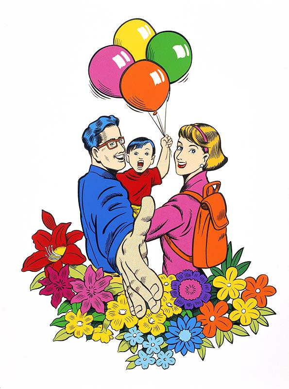 アメコミ風イラスト：花に囲まれ風船を持つ親子