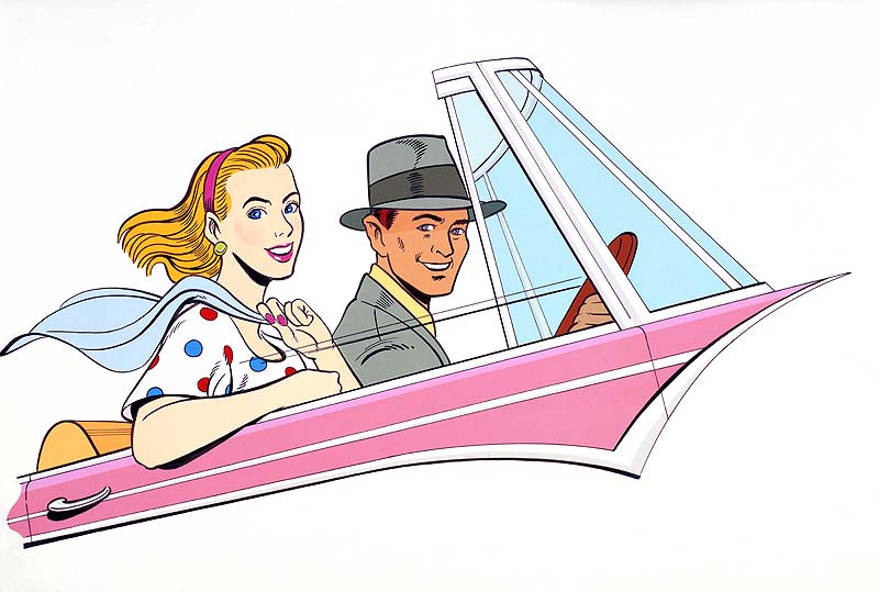 カップルイラスト 60年代アメコミイラストドライブする男女