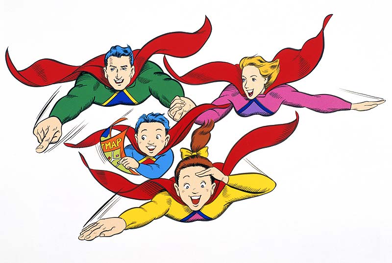 空から見つける！スーパーマントをまとった空飛ぶ家族イラスト