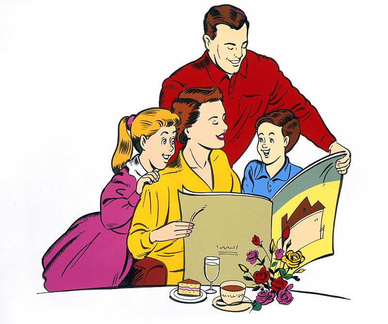 注目する家族：住宅パンフを見る親子のイラスト