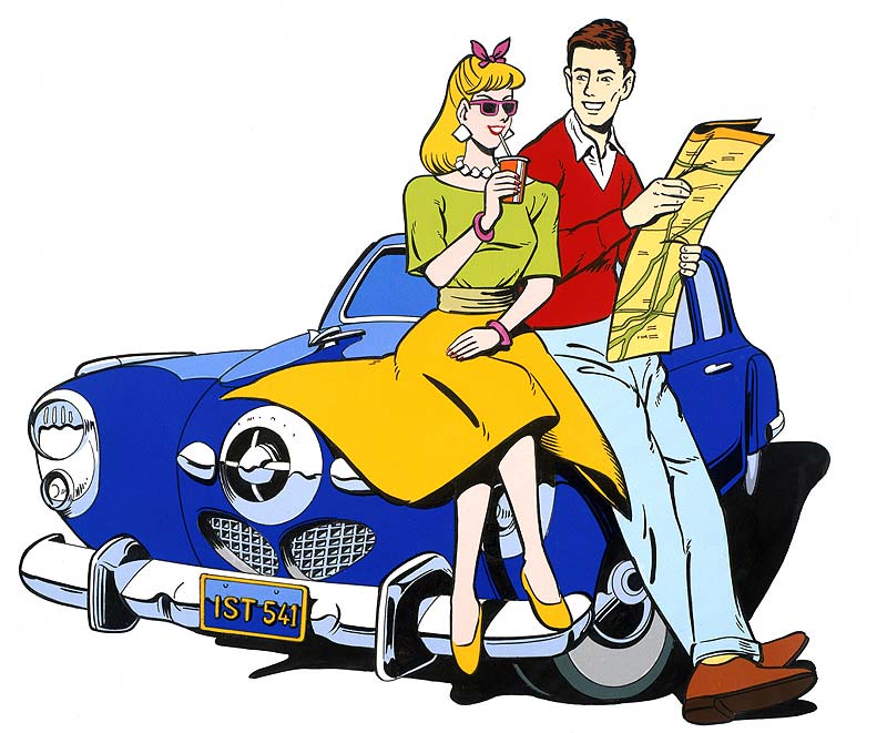 アメコミイラスト：50年代スチュードベイカーとカップル