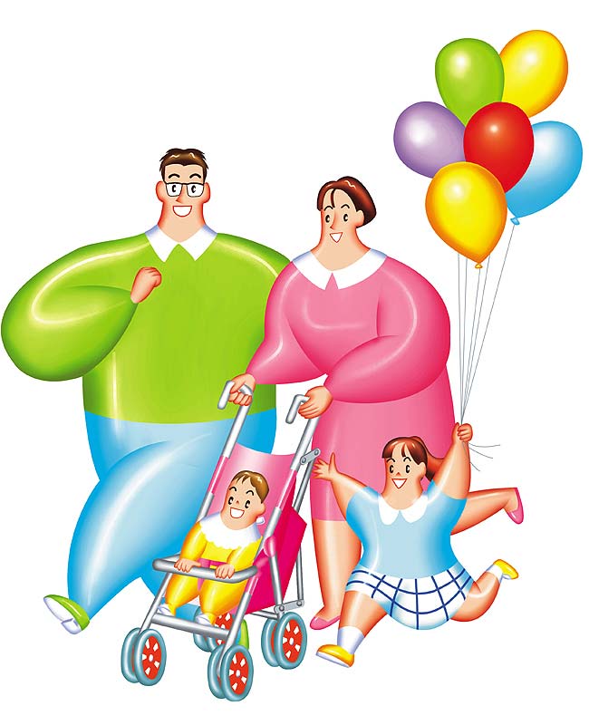 ベビーカーイラスト：乳母車に赤ちゃんをのせて歩くお母さんと家族