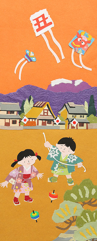 正月イラスト コマ回しや凧揚げで遊ぶ子ども