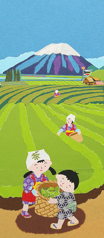 茶摘みイラスト 茶畑と富士山
