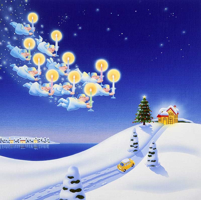 クリスマスイブイラスト クリスマスキャンドルを持つ妖精達と雪景色
