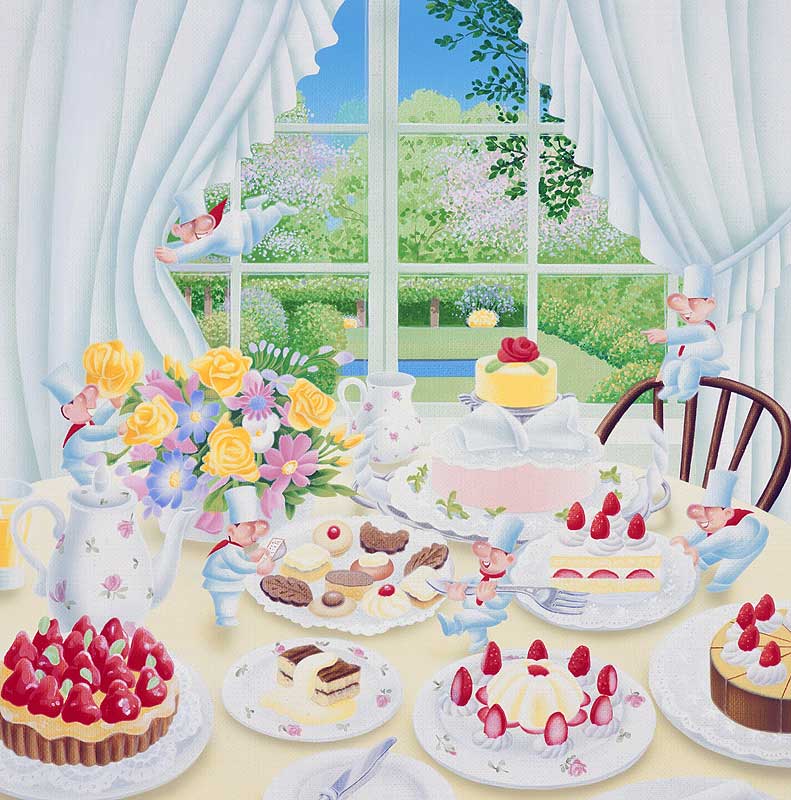 ケーキイラスト　いちごケーキをテーブルにセットする妖精たち