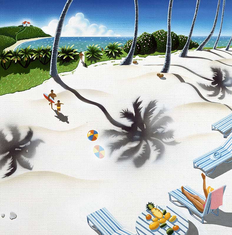 白い浜辺イラスト　夏　砂浜にヤシの木の影ビーチボールと家族