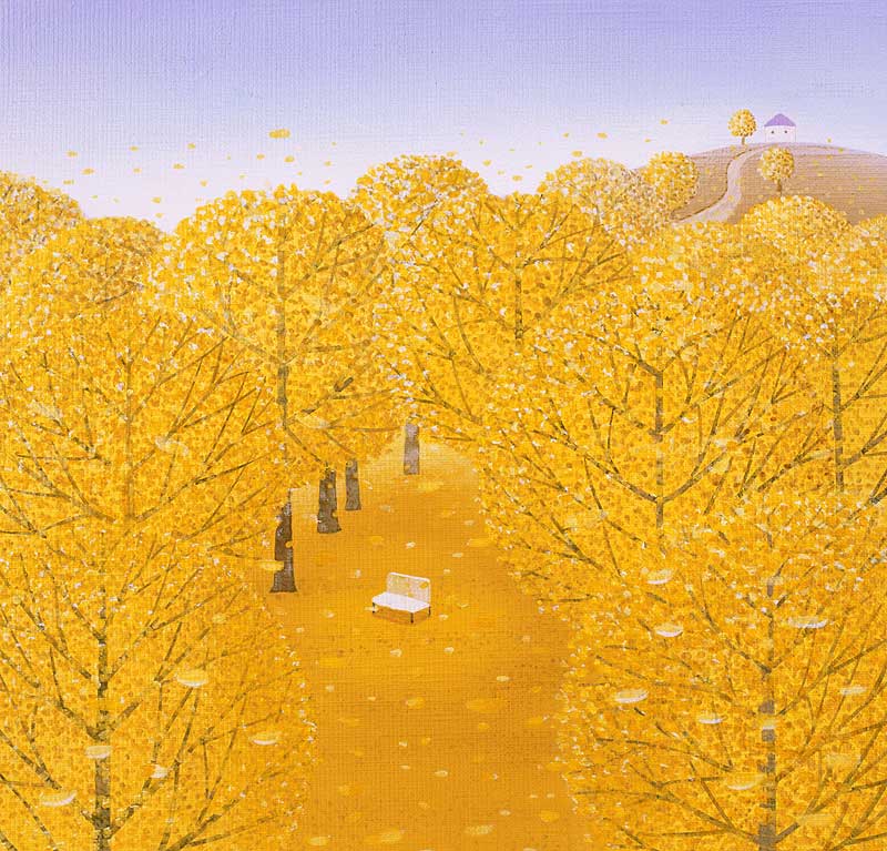 黄葉イラスト 秋いちょう並木の中の白いベンチの絵