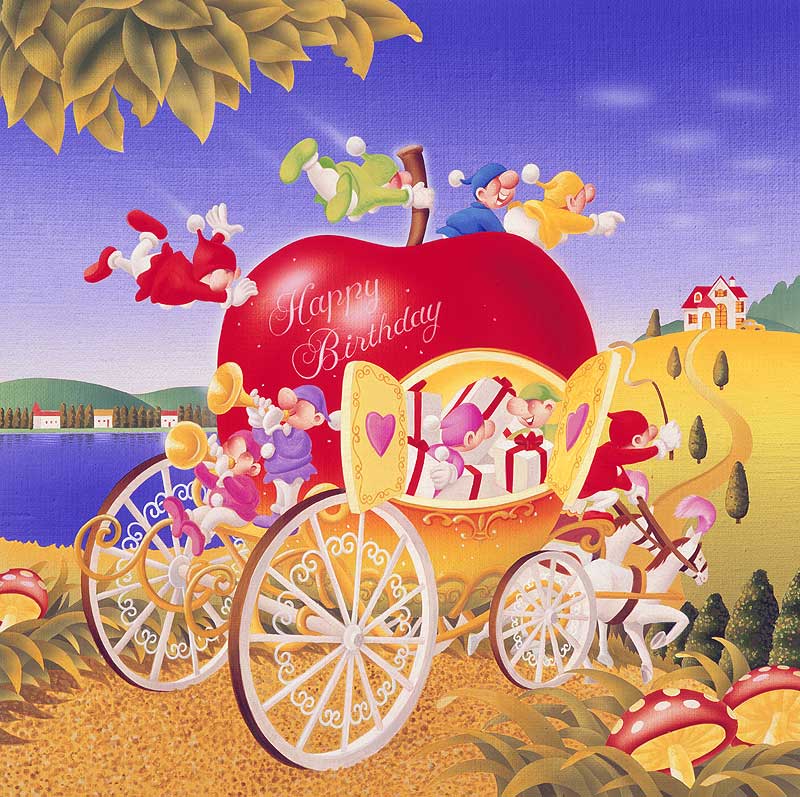 バースデープレゼントイラスト 誕生日ギフトを運ぶリンゴの馬車と妖精達