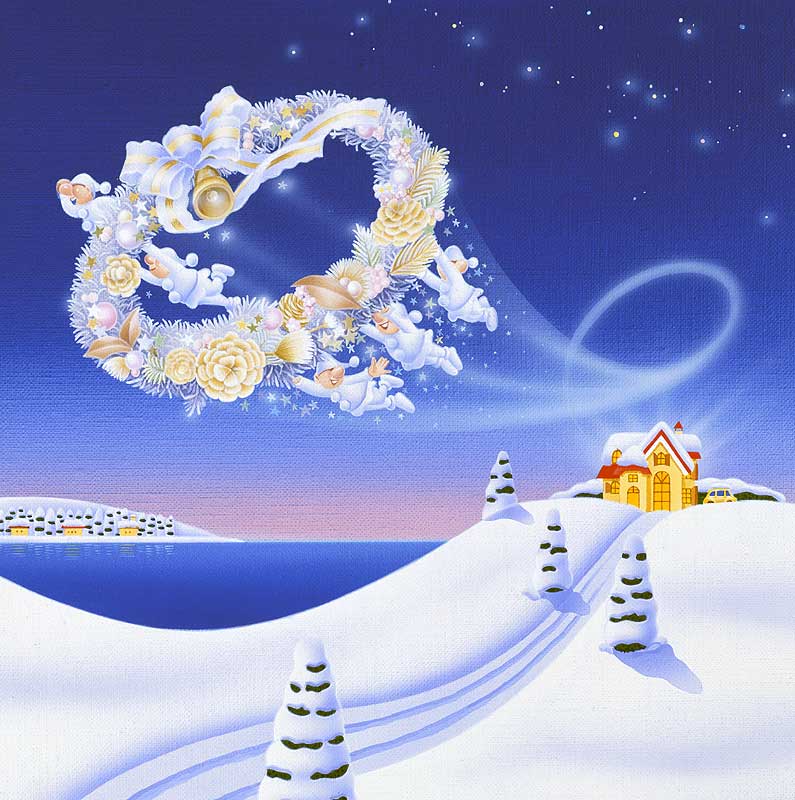 クリスマスリースイラスト　クリスマスのリースを運ぶ妖精達と雪景色