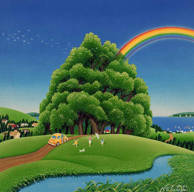 虹のかかる大きな木と家族イラスト 雨上がりを喜ぶ家族