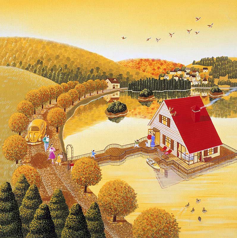 家族の風景イラスト　高洋に包まれた湖に浮ぶ赤い屋根の別荘