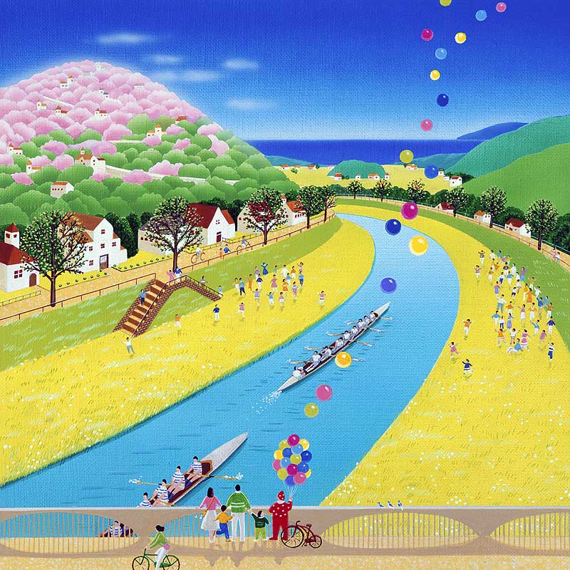春のレガッタイラスト カヌー漕艇大会を見る川岸の人々 春の風景